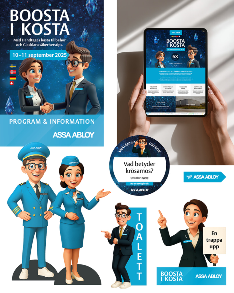 En samlingsbild av olika grafiska produktioner för ASSA ABLOYs mässa Boosta i Kosta.